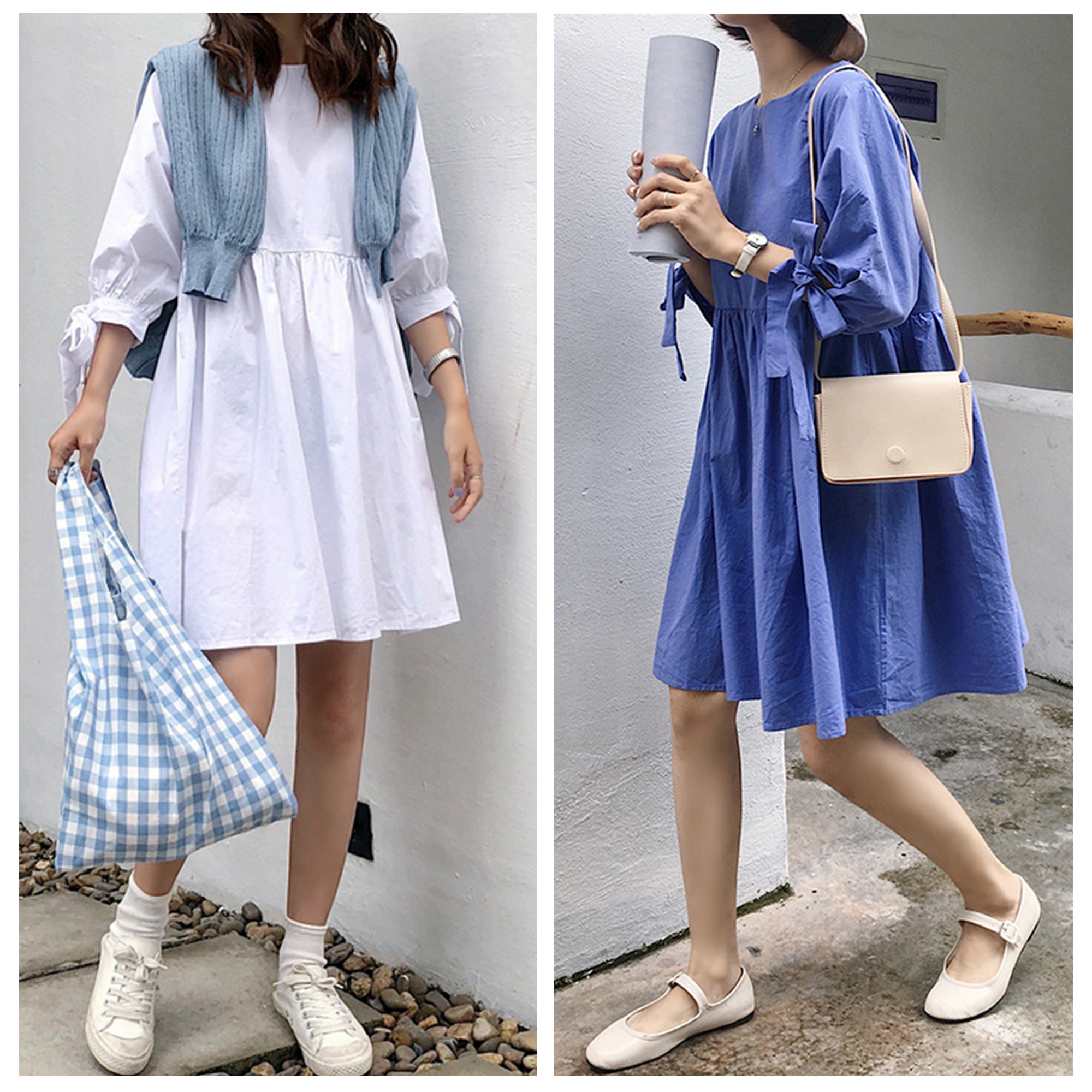 ins性冷淡风网红衣服女袖口蝴蝶结娃娃裙子夏宽松抖音同款连衣裙_不