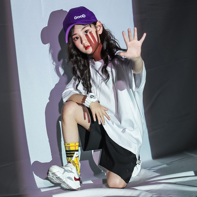 儿童街舞套装女孩爵士舞练功服纯色t恤帅气男童定制酷炫演出服潮