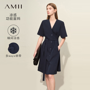 Amii2024新款夏季通勤V领短袖连衣裙高级感女裙子夏天职业收腰