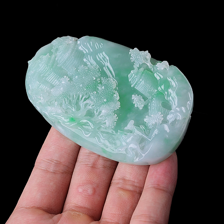 隆慈缘h 缅甸a货翡翠山水挂件天然满绿精品山水画吊坠大件霸气吊