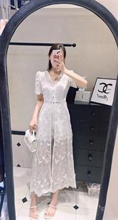 韩版ulzzang夏季新款法式气质时尚V领单排扣蕾丝连衣裙+短裤套装
