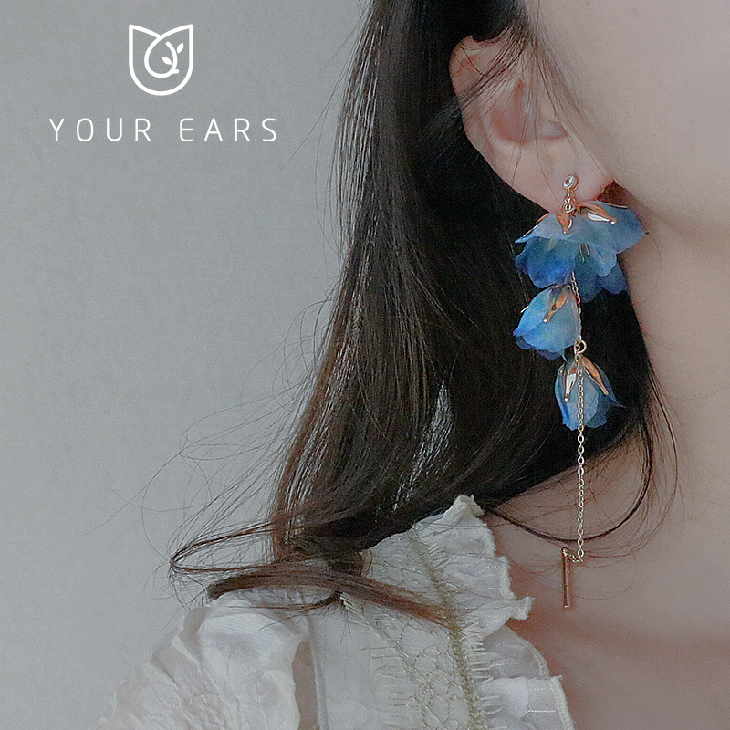 YOUR EARS原创设计蓝色花朵耳夹无耳洞仙女气质长款耳饰耳线耳挂