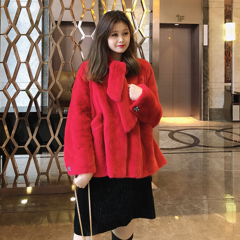 紫标天鹅绒水貂整貂貂皮大衣外套短款玛莎拉红——段小姐严选教搭配