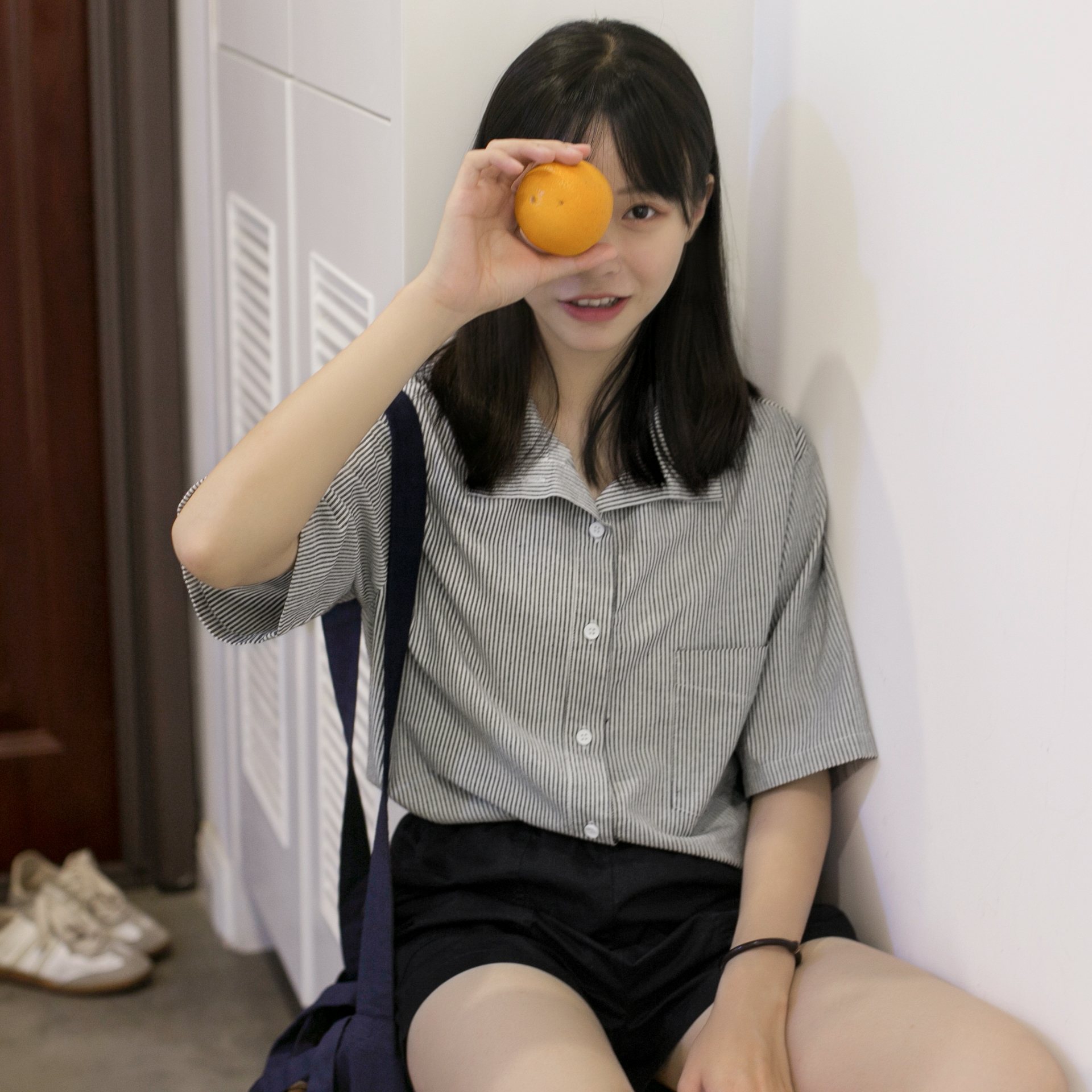 奶兔星球-自制 大翻领休闲短袖条纹衬衫女 日系原宿bf风夏季宽松
