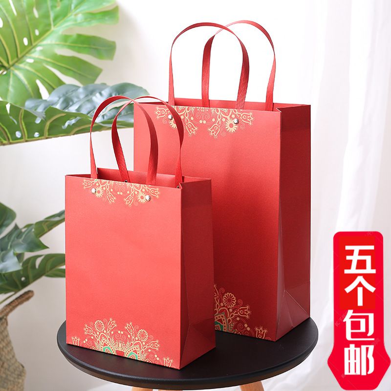 中国风春节礼品袋喜庆礼盒包装袋铆钉大红色手提纸袋伴手礼包装袋