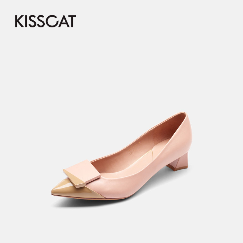 [一鞋三楦轻订制]kisscat接吻猫秋新款尖头粗中跟浅口单鞋女