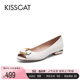 KISSCAT接吻猫夏季流行真皮低跟鱼嘴鞋仙女风通勤时装凉鞋女