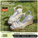 KISSCAT接吻猫2024年夏季新款复古坡跟防水台度假风编织罗马凉鞋