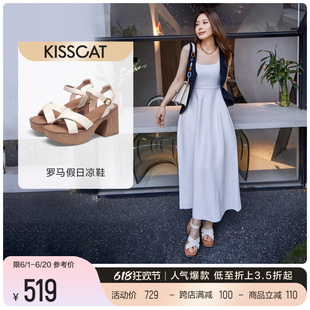 KISSCAT接吻猫2024年夏季新款气质法式高跟防水台厚底罗马凉鞋女