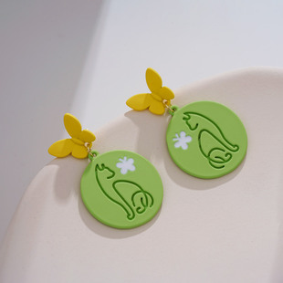 适合夏天的耳钉小众设计感温柔浅绿耳环仙气蝴蝶猫咪可爱气质耳饰