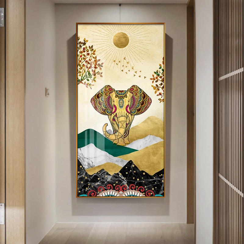 入户玄关装饰画招财风水镇宅现代简约大象轻奢挂画新中式晶瓷画