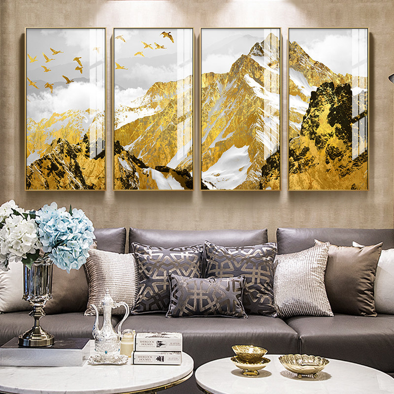 新中式客厅装饰画沙发背景墙四联发财挂画金山银山晶瓷画轻奢