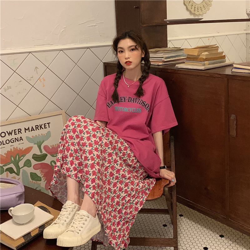 实拍实价~韩版宽松圆领短袖T恤+复古半身裙