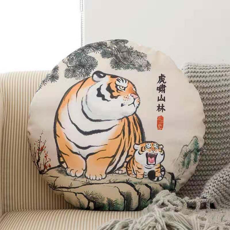 虎啸山林抱枕圆形亚麻靠垫办公室客厅沙发靠枕车载腰靠胖虎卡通