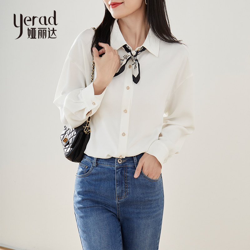 娅丽达女士白衬衫职业2022春季新款方领宽松显瘦女装长袖雪纺衬衣