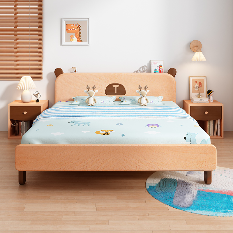 全实木排骨架床北欧榉木男孩女孩儿童床现代简约135米次卧单人床