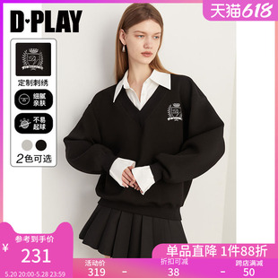 DPLAY春装黑色学院风刺绣假两件宽松廓形卫衣时尚美式复古女外套