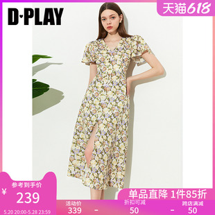 DPLAY法式优雅紫调黄花V领高腰开衩度假风印花连衣裙野餐裙