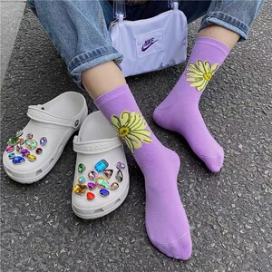 适配crocs洞洞鞋紫色中筒袜女式百搭 蓝色黄色太阳花袜子日系长袜