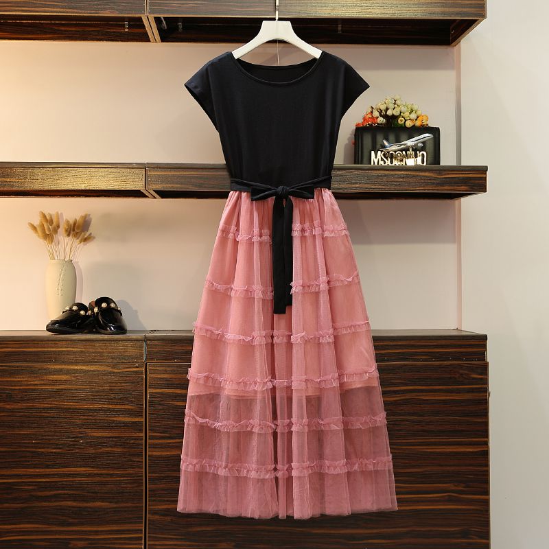 新款大码女装2019夏时尚洋气系腰带裙子胖mm蝴蝶结拼接网纱连衣裙在类目 女装/女士精品, 大码女装中 - 来自Buy2taobao.com提供专业的淘宝代购服务