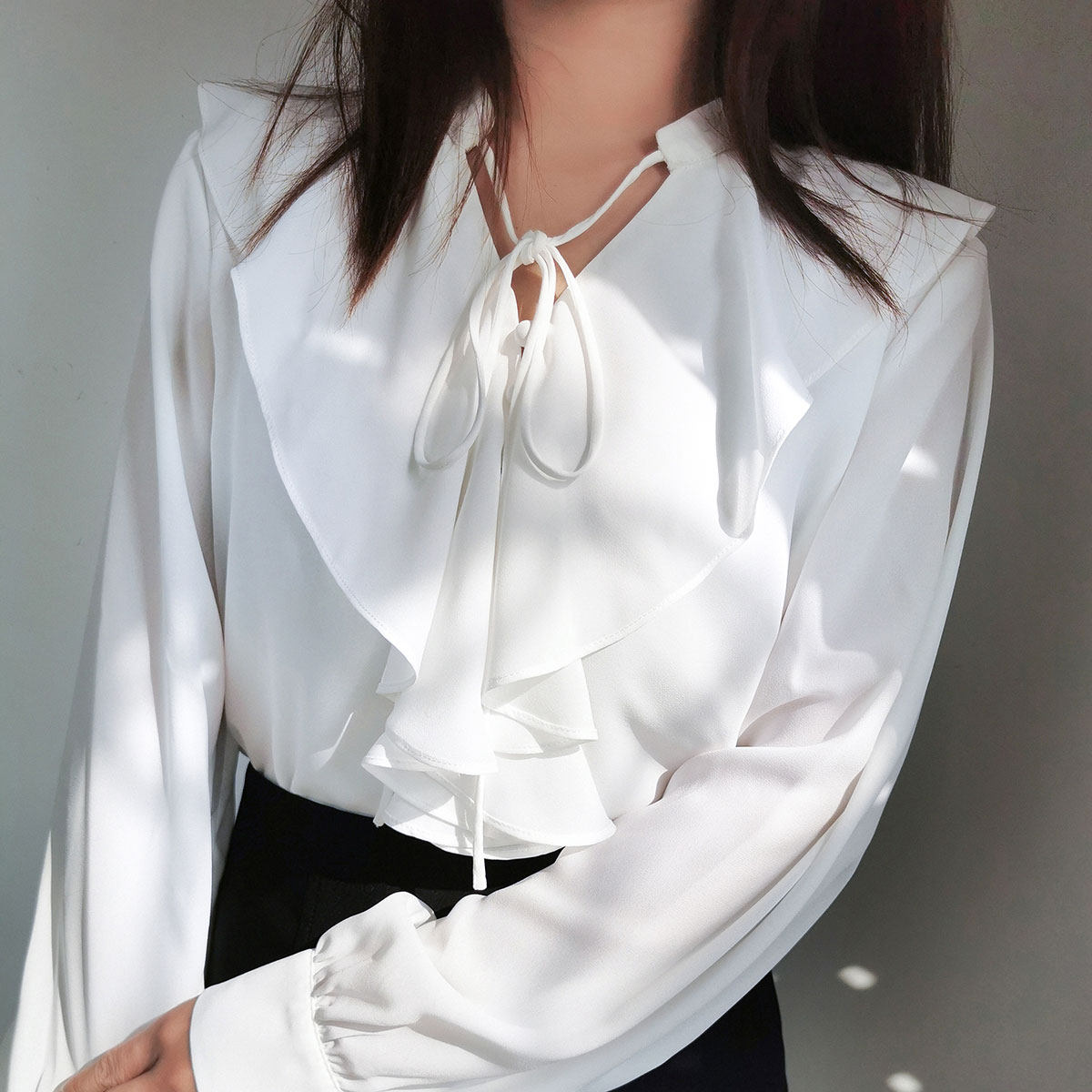 法式气质荷叶边宽松衬衫系带雪纺衫显瘦洋气长袖上衣女