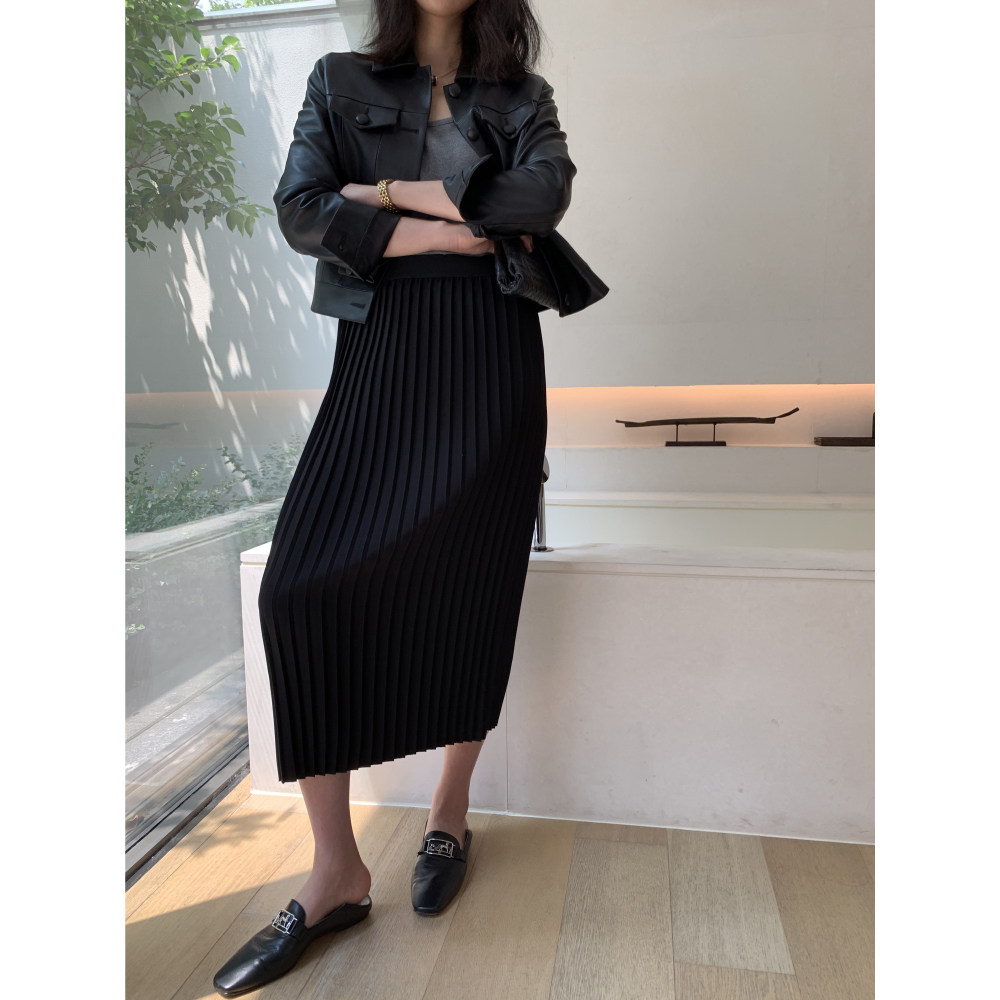 mrs studios班长家 黑色松紧腰修身铅笔半裙中长款包臀百褶半身裙