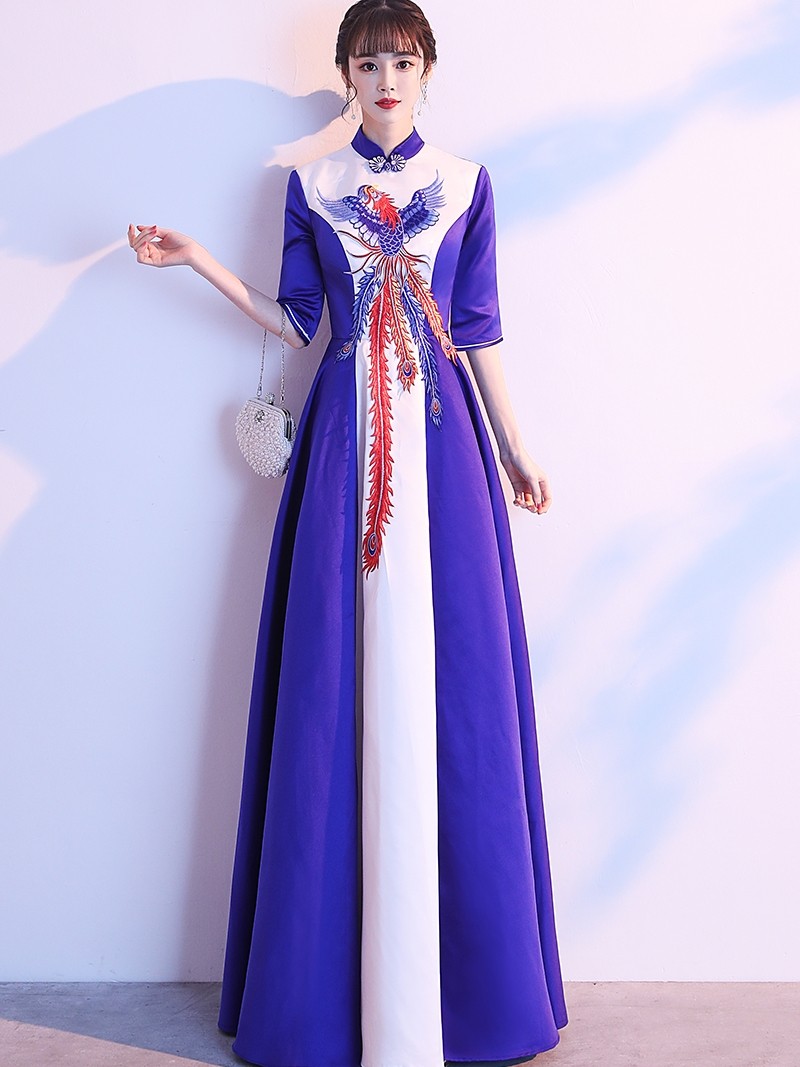 大合唱演出服中国风女长裙美声独唱蓝色高端宴会礼服2020新款气质