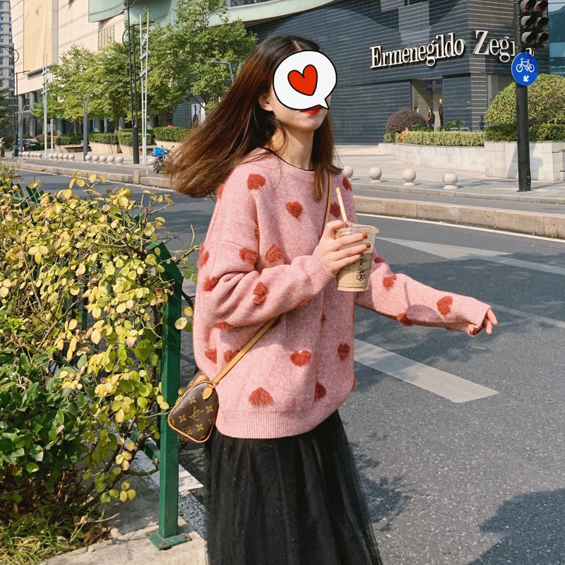 大吹女19/冬 可可爱爱复古冬日桃心少女立体爱心粉色宽松毛衣女