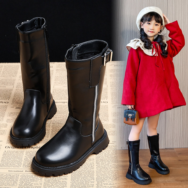 女童马丁靴加棉2021秋冬新款儿童长筒靴小女孩加厚高筒公主时装靴