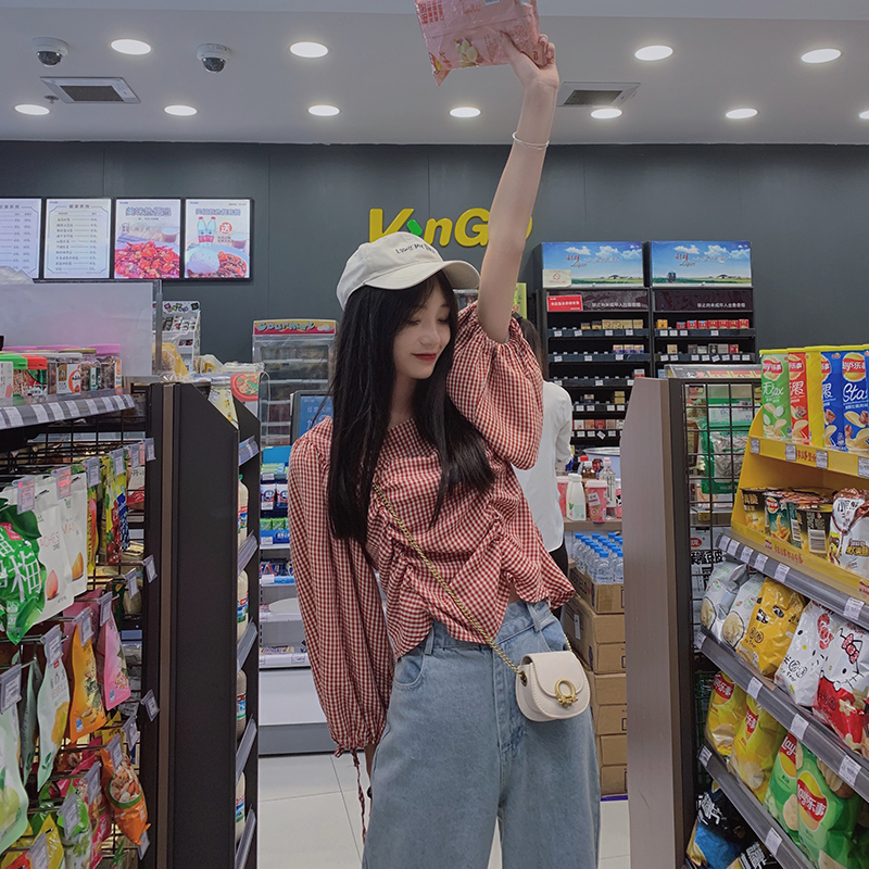 小清新上衣女初秋2019新款韓版設計感褶皺氣質寬松洋氣格子襯衫在類目 女裝/女士精品, 襯衫中 - 來自Buy2taobao.com提供專業的淘寶代購服務