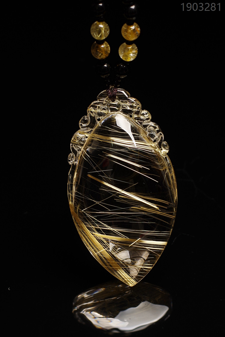 巴西天然钛金金发花边如意水晶雕车摆件项链颈饰