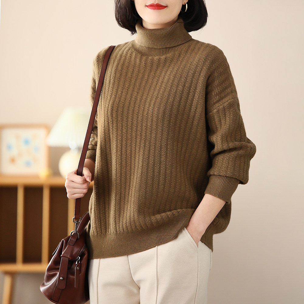 铜扣记提花毛衣女文艺气质休闲百搭宽松显瘦大码韩版高领保暖毛衫