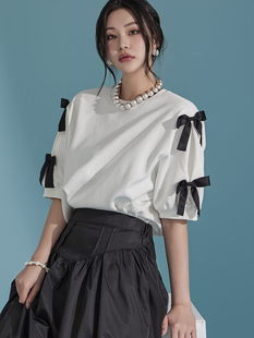 安娜杨家 支持DINT韩国专柜正品代购蝴蝶结丝带点缀短袖卫衣E3360