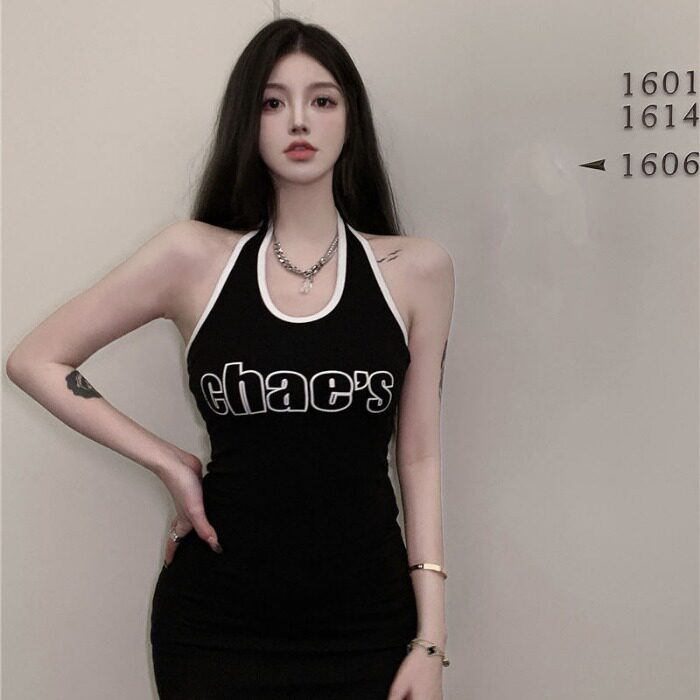 辣妹挂脖字母印花性感女网红主播直播显身材紧身纯欲包臀连衣裙潮