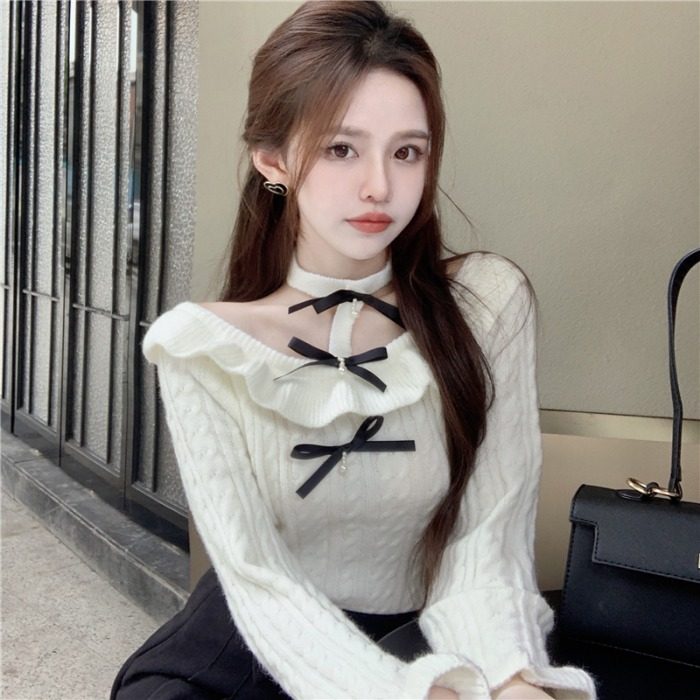 网红直播女主播服装设计感别致蝴蝶结挂脖长袖针织衫气质白色毛衣