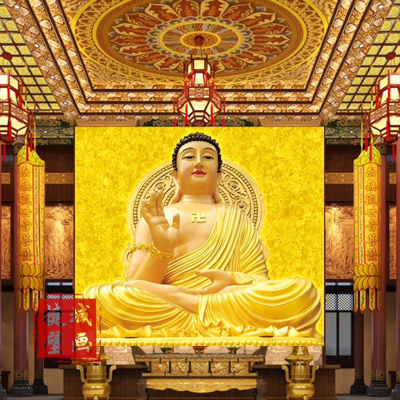 释迦牟尼墙纸无缝大型壁画唐卡佛像佛家文化酒店背景寺庙佛堂壁纸