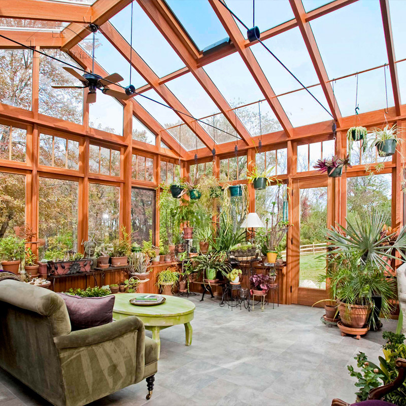 别墅花园休闲阳光房人字形顶钢化玻璃钢结构铝包木断桥铝落地窗已售