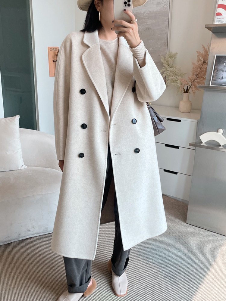 原色双面羊绒大衣21秋冬新款专柜同款双排扣中长款燕麦色羊毛外套