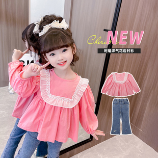 女童套装韩系春秋衬衫三岁女小童宝宝春季新款网红牛仔喇叭裤洋气