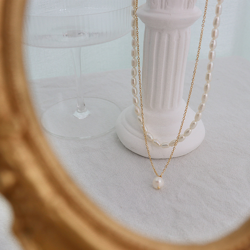 天然珍珠米珠不褪色气质简约百搭高级钛钢镀14K金双层锁骨链项链
