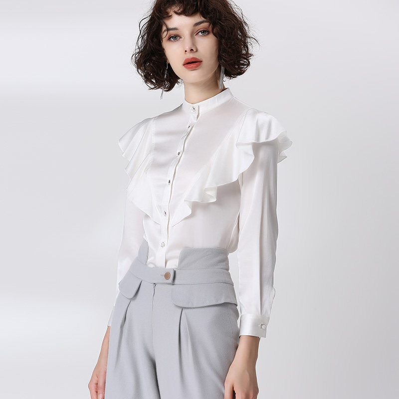 立领真丝衬衫女荷叶边 2022夏装新款白色桑蚕丝女衫高端女士上衣
