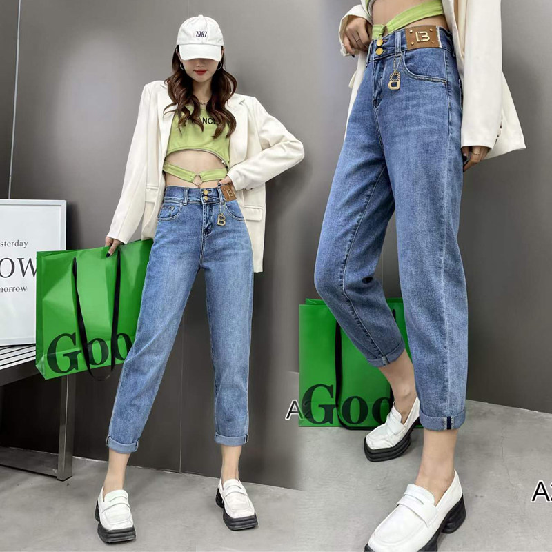 爆犀牛2022春欧货微垮牛仔裤女高腰宽松显瘦哈伦裤休闲老爹裤037