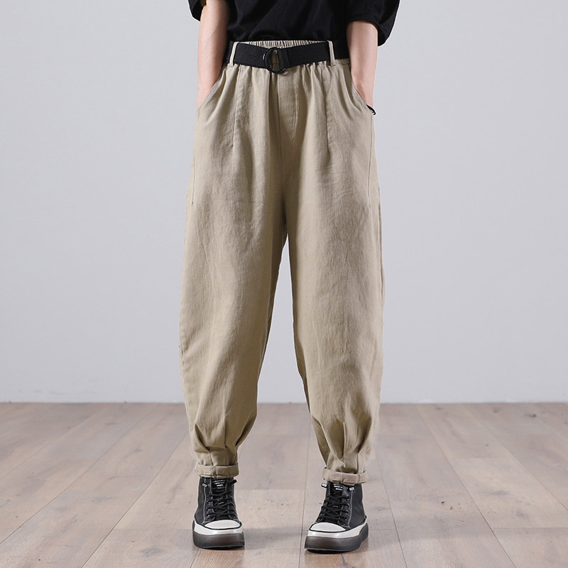 物格秋装2021新款女韩版宽松大码文艺腰带松紧裤脚褶皱休闲裤