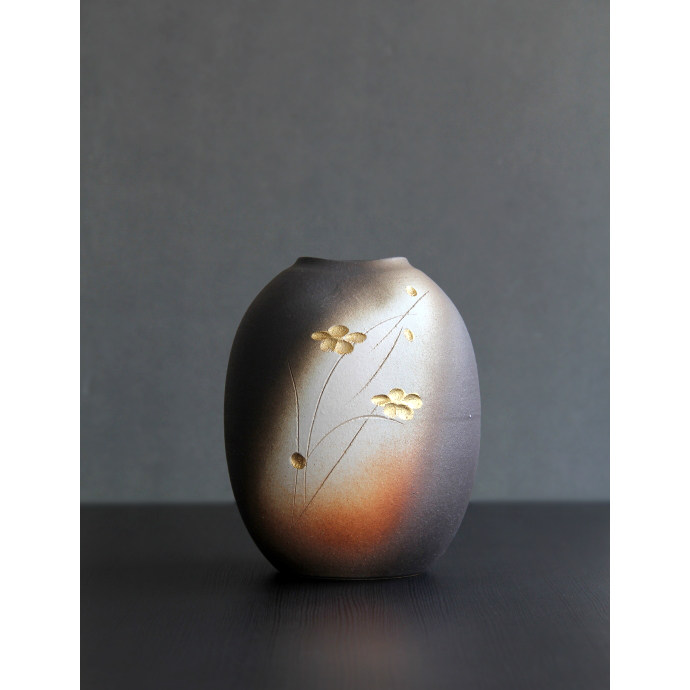 现货 日本原装进口 信楽烧 春金彩 手工做粗陶花器 日式花瓶摆件