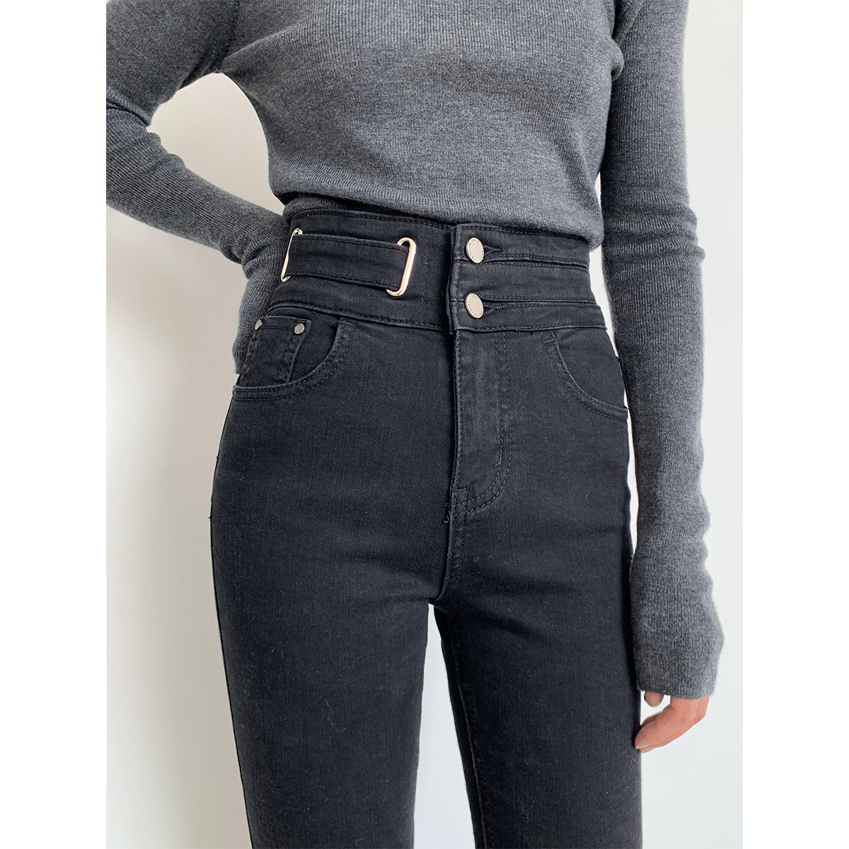 拉长腿部比例设计感双腰头铅笔牛仔裤冬抓百搭牛仔裤