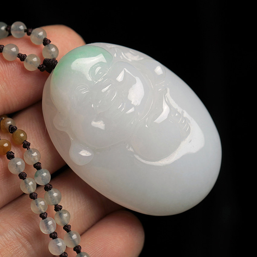 3期 冰糯种白底飘绿佛头翡翠挂件玉吊坠42.79g 含珠链重 5734