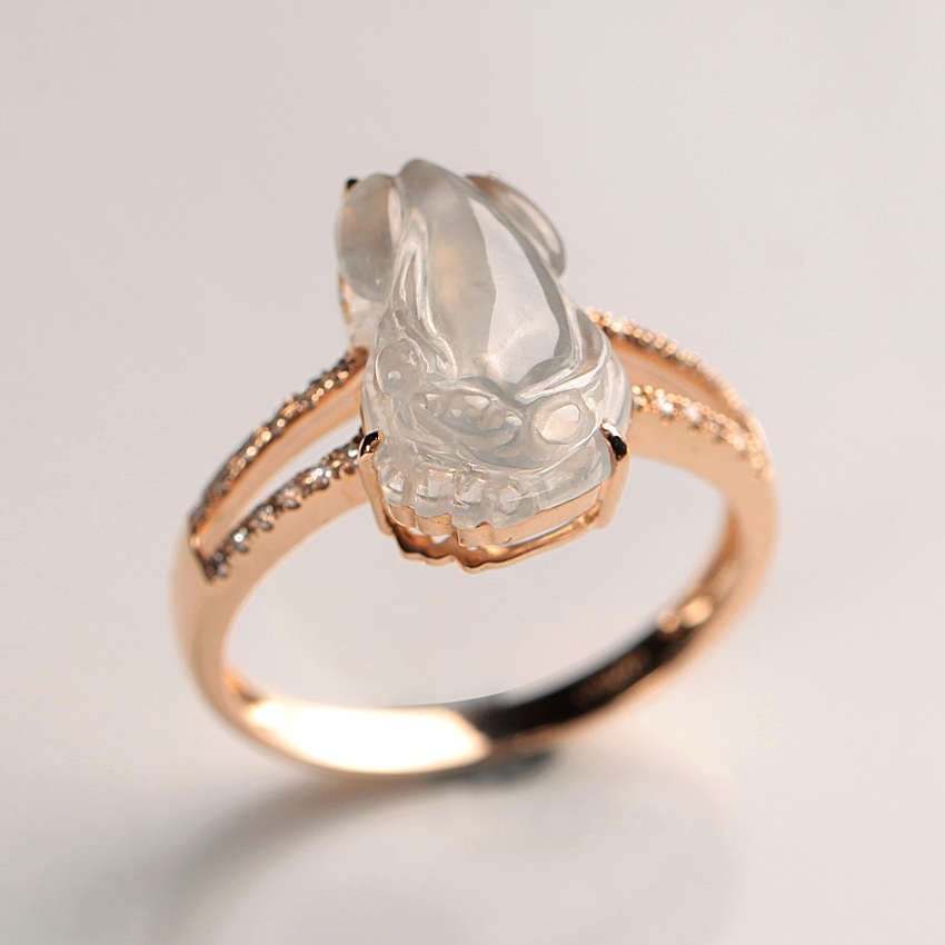 3期 冰种莹白貔貅k金镶嵌翡翠女戒指2.61g 5810 13