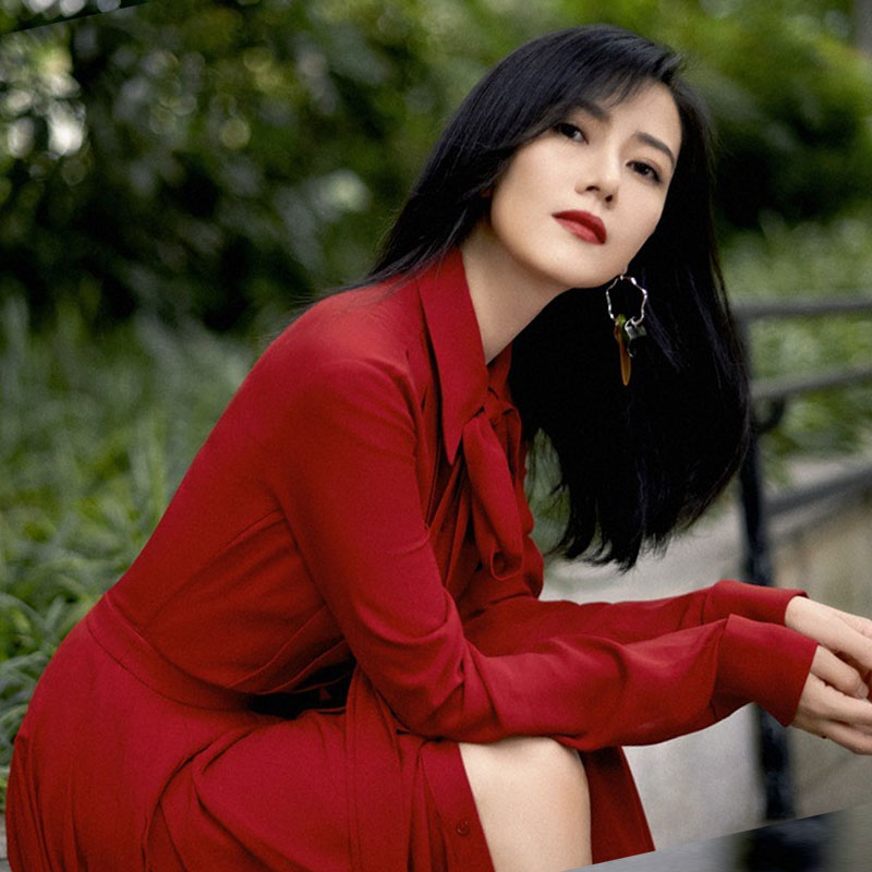 新款明星高圆圆同款高贵红色连衣裙时尚修身长袖打底衬衫式长裙女