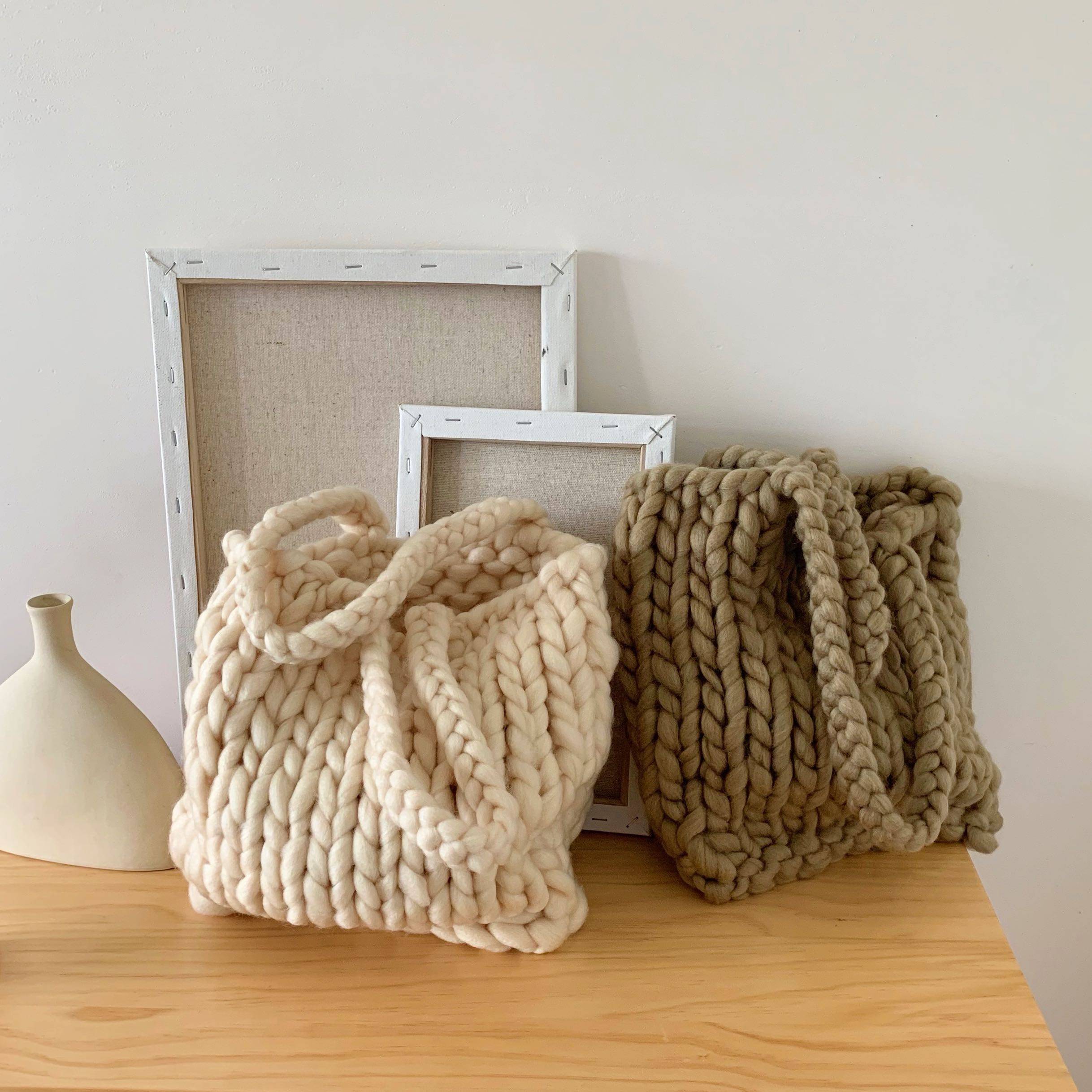 韩国纯手工编织包粗毛线包针织粗棒针单肩包ins大包包奶油白女