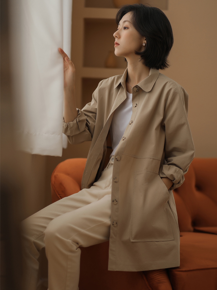 韩国正品文艺秋季新款女装宽松显瘦气质中长款大口袋直筒风衣外套